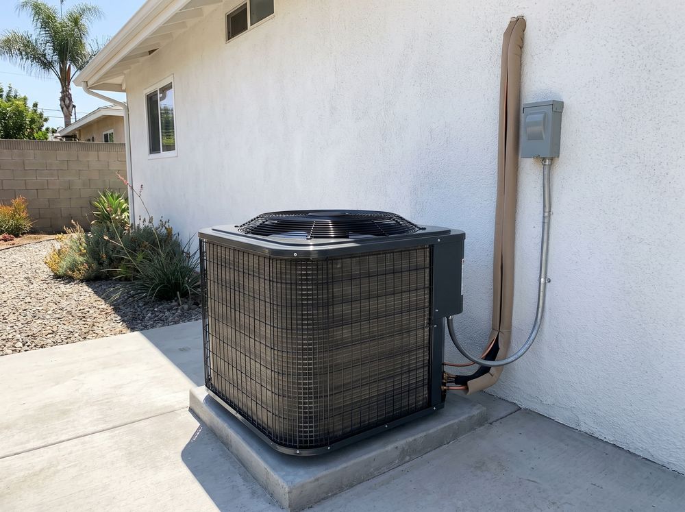 New outdoor AC condenser on a fresh concrete pad beside a white stucco ranch house, its line set in a tan wall cover